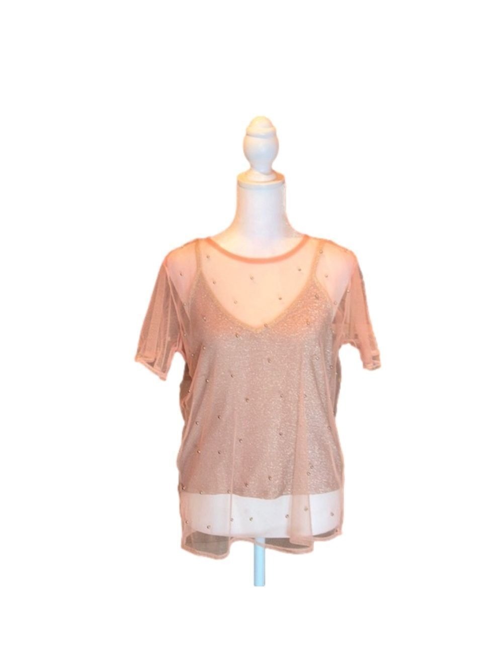 CHARLOTTE RUSSE Glittery Pink Tank Top with See-Through Beaded Top Size M